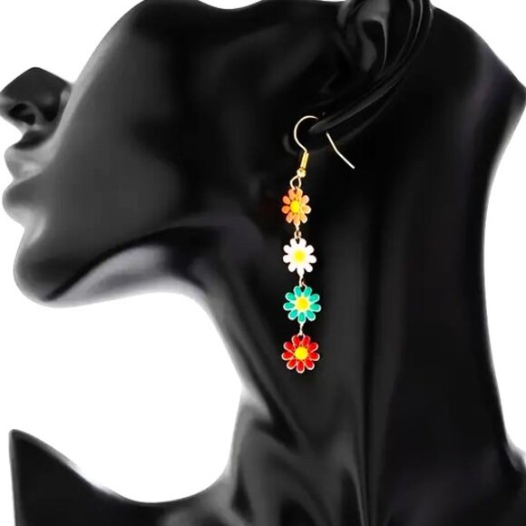 Earrings Flower Enamel Dangle Simple Boho Drop Colorful Retro Fun Trendy Stylish - Picture 3 of 5
